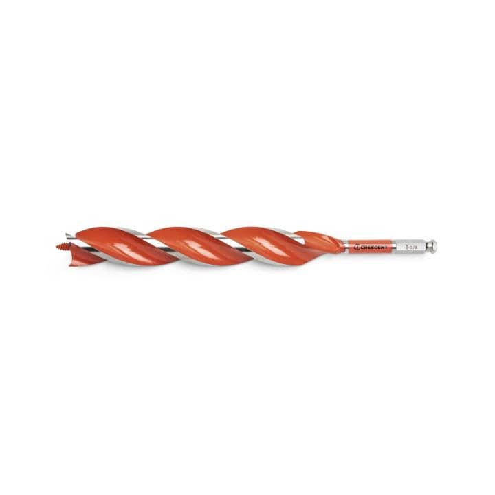 Crescent 1-3/8" x 13" Solid Auger Drill Bit single bit. This is a straight-on, eye-level shot of a long, thin drill bit against a white background. The bit has a bright orange, spiral cutting edge that runs almost its entire length, and a silver end piece where the size, 1-3/8, is printed.