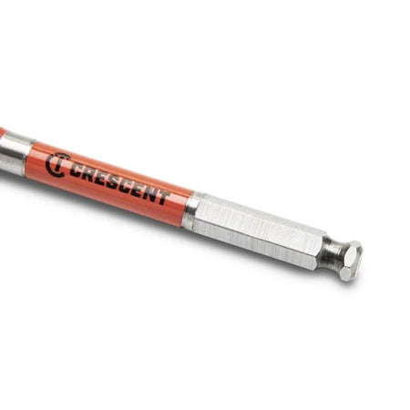 This is the end of a drill bit with a hexagonal shape, designed to fit into a power tool. It has a silver metallic finish and a red band with the brand name "Crescent" printed on it.

