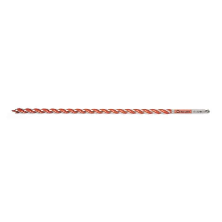 This is a long, thin drill bit with a bright orange, spiral cutting edge running its entire length. It has a pointed tip at one end and a silver metallic finish with printed information at the other.