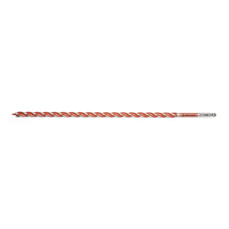 This is a long, thin drill bit with a bright orange, spiral cutting edge running its entire length. It has a pointed tip at one end and a silver metallic finish with printed information at the other.