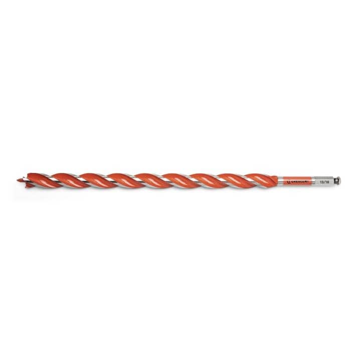 This is a long, thin drill bit with a bright orange, spiral cutting edge running its entire length. It has a pointed tip at one end and a silver metallic finish with printed information at the other.