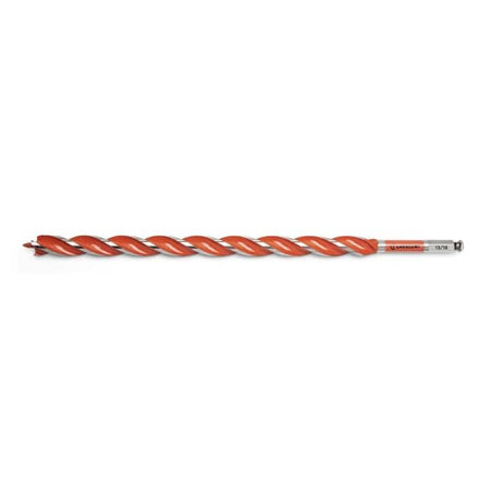 This is a long, thin drill bit with a bright orange, spiral cutting edge running its entire length. It has a pointed tip at one end and a silver metallic finish with printed information at the other.