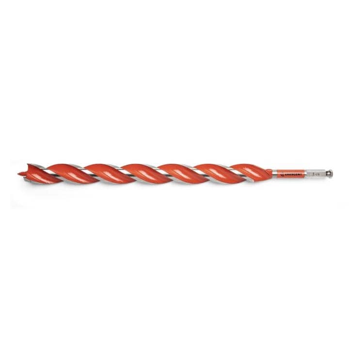 Crescent 1-1/8" x 17-1/2" Solid Auger Drill Bit single bit It features a sharp, pointed tip that initiates the drilling process, leading into a helical, two-flute design that spirals down its length. 
