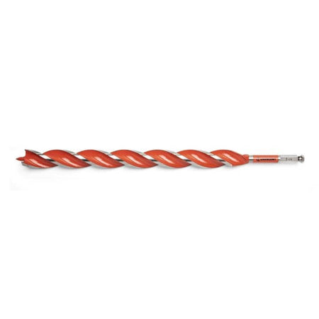 Crescent 1-1/8" x 17-1/2" Solid Auger Drill Bit single bit It features a sharp, pointed tip that initiates the drilling process, leading into a helical, two-flute design that spirals down its length. 