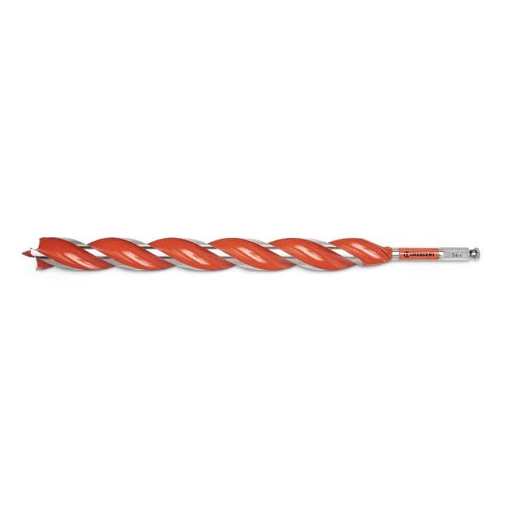 The drill bit is positioned horizontally, showcasing its length.  It has a distinctive spiral cutting edge in a bright orange color that runs the entire length of the bit.  The end of the bit has a silver metallic finish with printed information, possibly including the brand name and size.  The other end of the bit has a pointed tip.