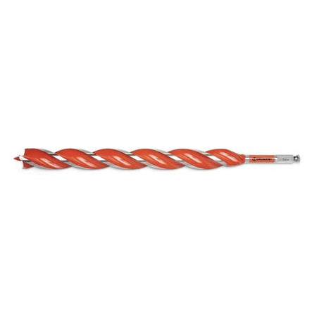The drill bit is positioned horizontally, showcasing its length.  It has a distinctive spiral cutting edge in a bright orange color that runs the entire length of the bit.  The end of the bit has a silver metallic finish with printed information, possibly including the brand name and size.  The other end of the bit has a pointed tip.