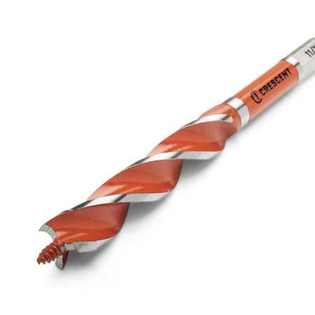 Crescent 11/16" x 7-1/2" Solid Auger Drill Bit close up of bit head. This is a close-up, angled shot of a drill bit against a white background. The bit has a bright orange, spiral cutting edge, and the end of the bit shows the sharpened tip and the word "CRESCENT."