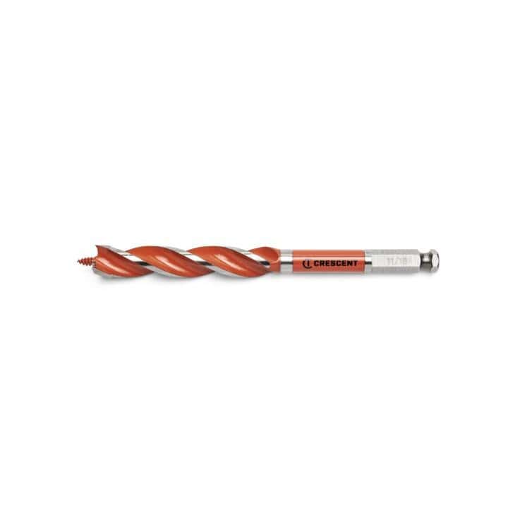 Crescent 11/16" x 7-1/2" Solid Auger Drill Bit single bit. This is a straight-on, eye-level shot of a long, thin drill bit against a white background. The bit has a bright orange, spiral cutting edge that runs almost its entire length, and a silver end piece where the size, 11/16, is printed.