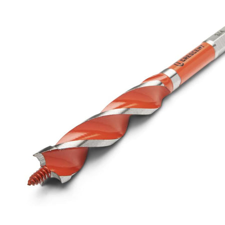 Crescent 3/4" x 7-1/2" Solid Auger Drill Bit close up of bit head. This is a straight-on, eye-level shot of a long, thin drill bit against a white background. The bit has a bright orange, spiral cutting edge that runs almost its entire length, and a silver end piece where the size, 3/4, is printed.