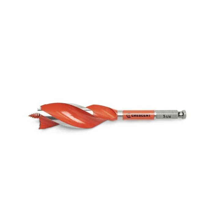 This is an image of a Crescent 1-1/4" x 7-1/2" Solid Auger Drill Bit. The drill bit is shown horizontally against a white background, highlighting its design.  It features a bright orange, spiraling cutting edge that ends in a pointed tip, and a silver shaft with the "Crescent" brand name and size information printed on it. The end of the shaft is hexagonal, indicating it's meant for use with a power drill or impact driver.