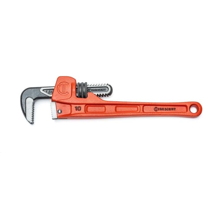 The image shows a 10-inch long, bright Orange  wrench. It has black jaws with teeth for gripping pipes. A knob adjusts the opening of the jaws. There's a hole at the end of the handle.



