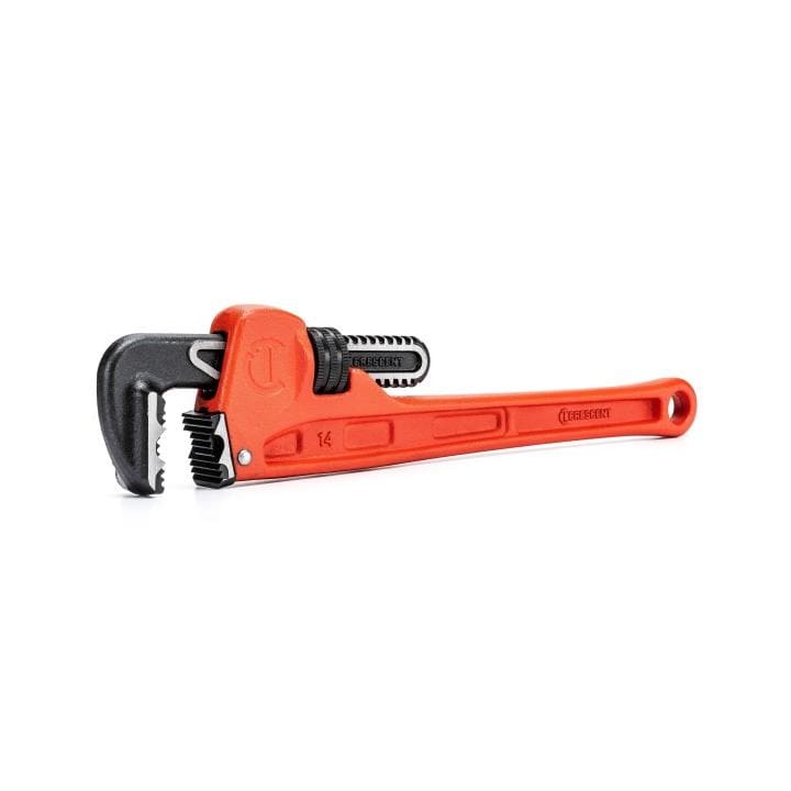The image shows a 14-inch long, bright red wrench. It has black jaws with teeth for gripping pipes. A knob adjusts the opening of the jaws. There's a hole at the end of the handle.


