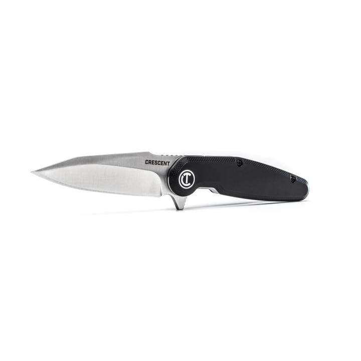 Imagine a folding knife, with a smooth, curved handle.  The blade, which folds into the handle, is sharp and pointed, with a distinct "harpoon" shape.  There's a mechanism to lock the blade in place when open, and a button or lever to release it for folding.  This is a pocket knife, designed for cutting and utility purposes, with a handle made of a composite material for durability and grip.