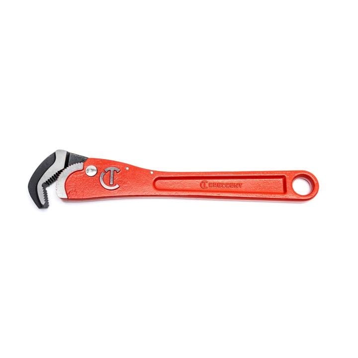 The image shows a 16-inch long red wrench with black jaws that automatically adjust to grip pipes.


