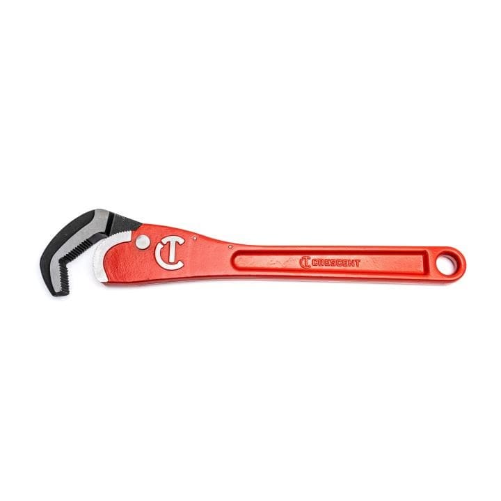 The image shows a 16-inch long red wrench. It has black jaws with teeth for gripping pipes. The jaws automatically adjust to fit different pipe sizes. There is a hole at the end of the handle.