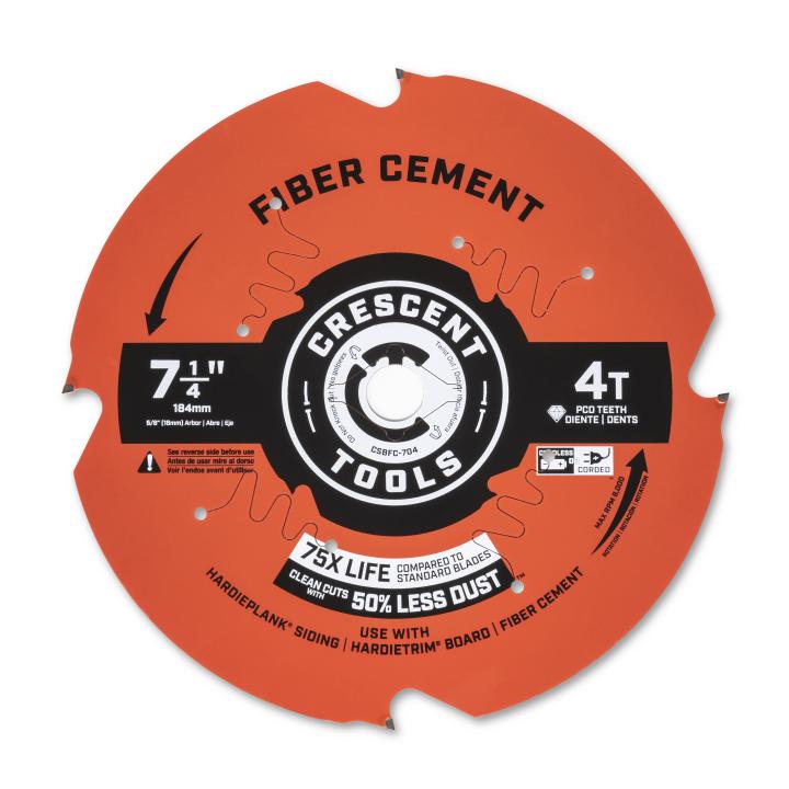 Image of Crescent 7-1/4" x 4T Fiber Cement Circular Saw Blade. The image shows an orange Crescent 7 1/4-inch fiber cement circular saw blade. The blade has four prominent teeth and is labeled for use with HardiePlank siding and Hardietrim board, promising 75 times the life and 50 percent less dust compared to standard blades.