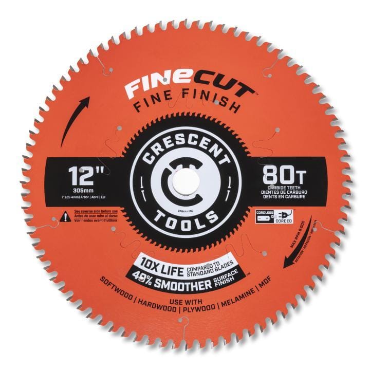 This is a circular saw blade, appearing as a flat, orange-colored metal disc with many fine teeth around its perimeter. The black and white text identifies it as a 12-inch Crescent "Fine Cut" blade with 80 teeth, intended for a smooth finish on materials like softwood, hardwood, and plywood.