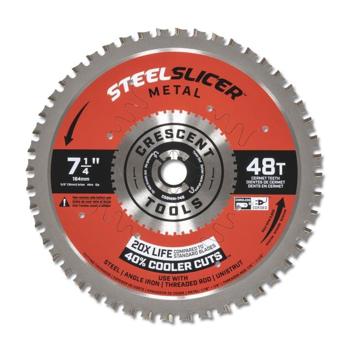 This is a circular saw blade, which is a flat, silver-colored metal disc with sharp teeth around its outer edge. Its large red and black central label identifies it as a 7-1/4 inch Crescent "Steel Slicer" blade with 48 teeth made for cutting metal.