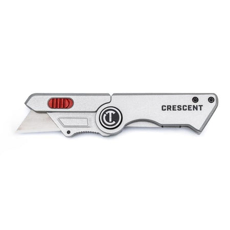 This is a picture of a small, folding utility knife. It has a silver body with a textured grip, a red slider button, and a silver blade that comes to a point.  You can feel the brand name "Crescent" raised on the body of the knife.