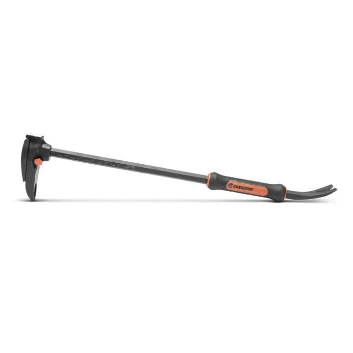 The image shows a long, slender tool called a pry bar. It's about 24 inches long. One end has a flat, forked head for prying. The other end has an adjustable foot that can be positioned at different angles. The shaft is black, and the handle is black with an orange grip for comfort.