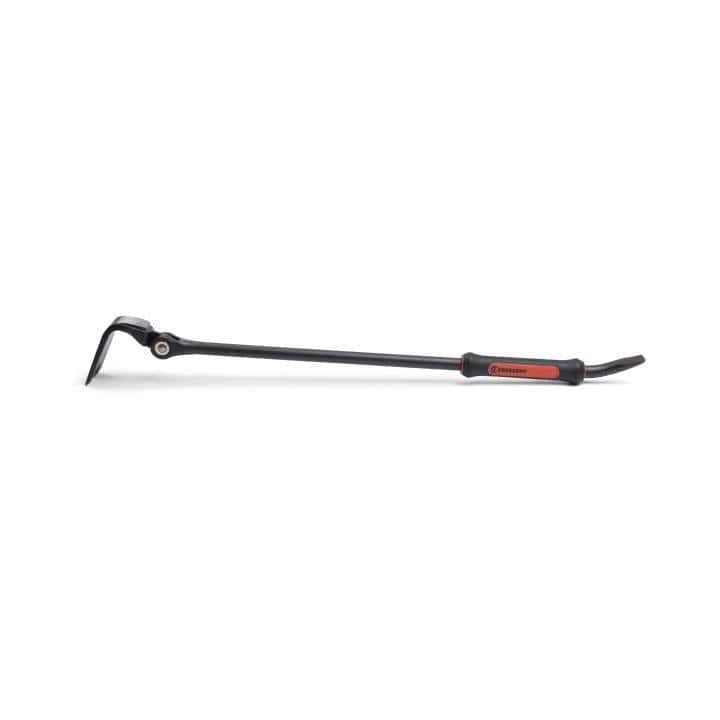 The image shows a long, thin tool, about 30 inches long. It's used for prying things apart.  At one end, there's a flat, wide head with a forked tip. This head can be rotated and locked at different angles. The handle is black with a orange grip, which feels comfortable to hold. The tool is lying horizontally against a plain white background.