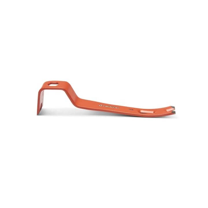 The image shows a small, orange tool. It has a curved shape like the letter "S".  One end is flat and forked. The other end is flat and curved.  There's a hole near one end.


