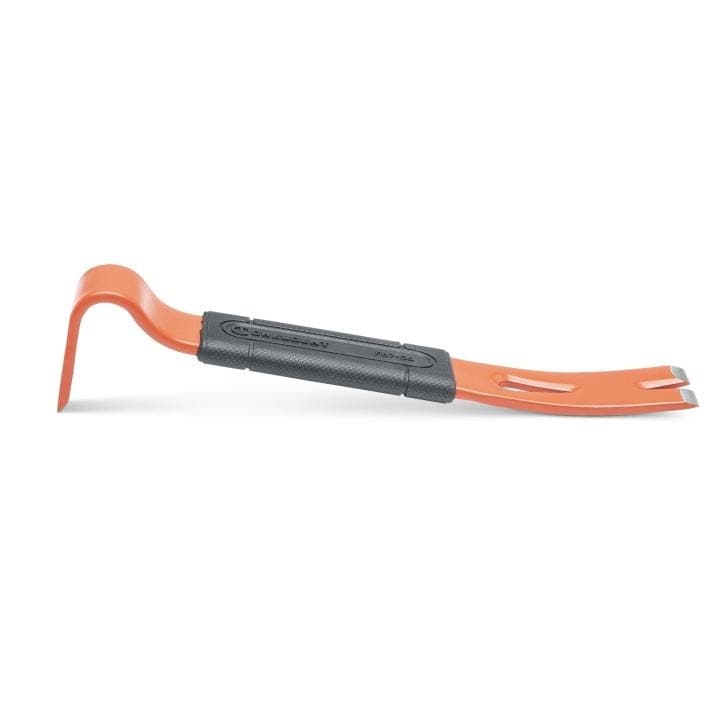 The image shows a small, orange pry bar with a black grip in the middle. It's curved and has flat ends for prying.


