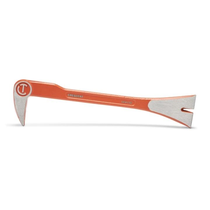 This is a picture of a 10-inch long metal tool used for prying and pulling nails. It has a curved, pointed end on one side and a wider, flatter end with a slot for pulling nails on the other.  The tool is mostly orange and the brand name "Crescent" is raised on the side.
