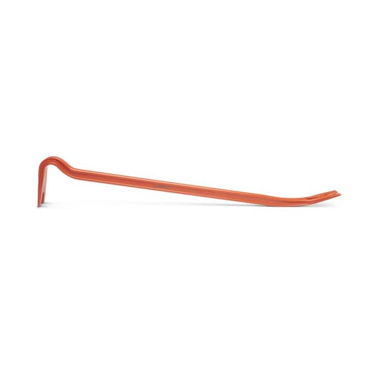 The image shows a long, solid tool, about 30 inches long. It's curved in an "S" shape. One end is flat and pointed, for prying. The other end is slightly curved and has a notch. The tool is bright orange.