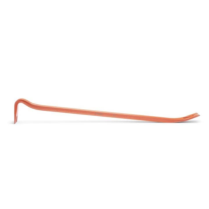 The image shows a long, solid tool, about 36 inches long.  One end is flat and pointed, for prying. The other end is slightly curved and has a notch. The tool is bright orange.