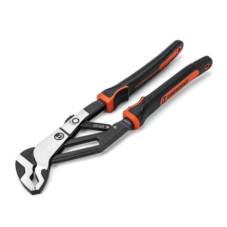 This is a pair of adjustable pliers with long, black handles accented with orange, and silver jaws that have a unique, curved shape for gripping.  They feature a push-button mechanism for quick size adjustments and are designed to automatically bite down on objects.


