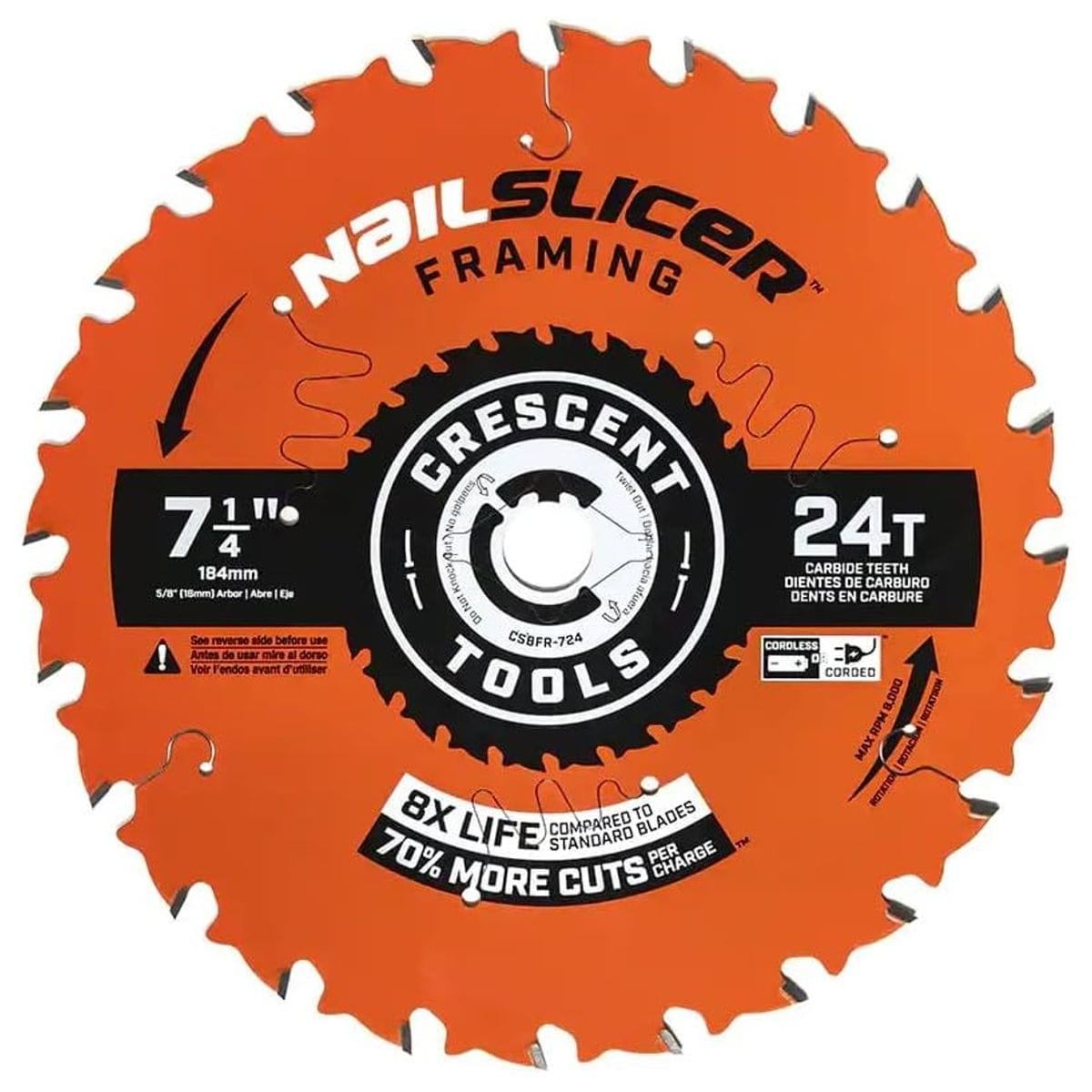 Material application chart showing Crescent saw blade compatibility across softwood, hardwood, treated lumber, OSB, LVL, and plywood.