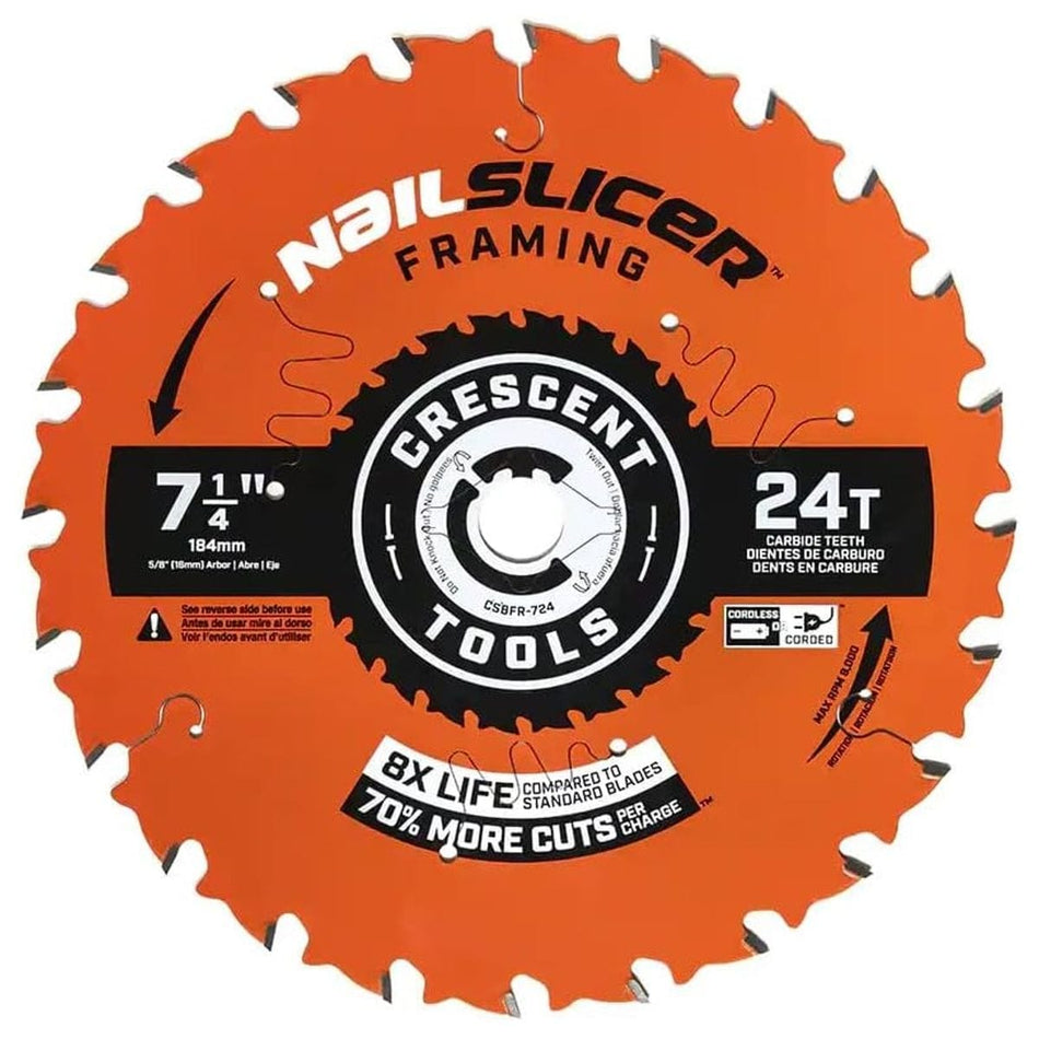 Material application chart showing Crescent saw blade compatibility across softwood, hardwood, treated lumber, OSB, LVL, and plywood.