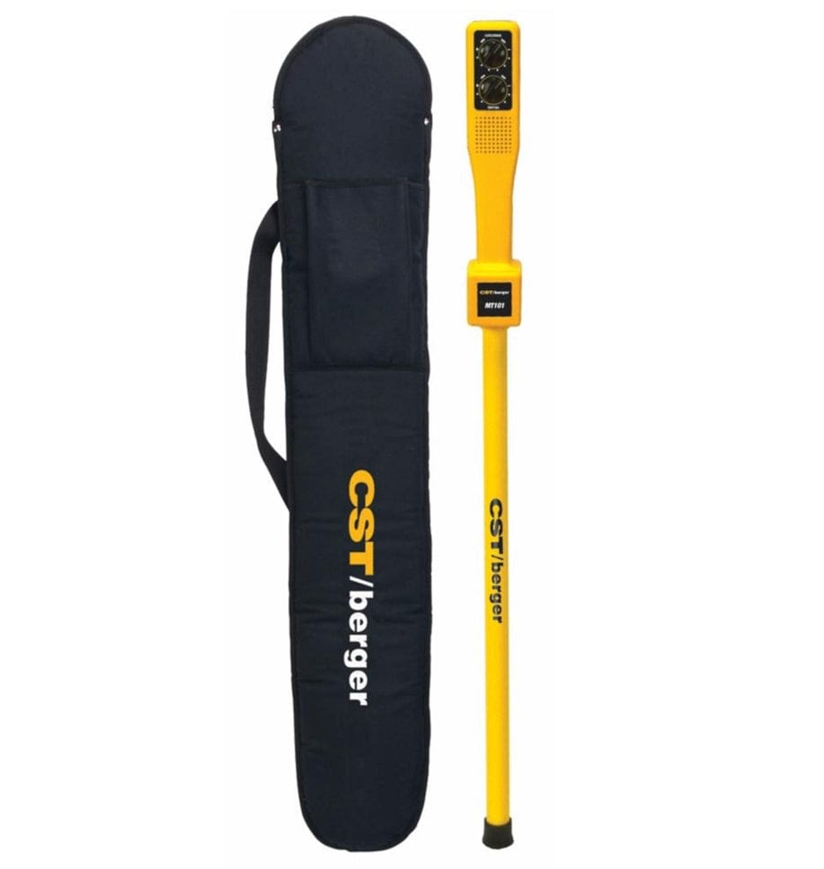 A studio product shot of the yellow CST Berger MT101 Magna-Trak 101 magnetic locator standing next to its long, black soft padded carrying case which features the CST/berger logo in white and yellow.