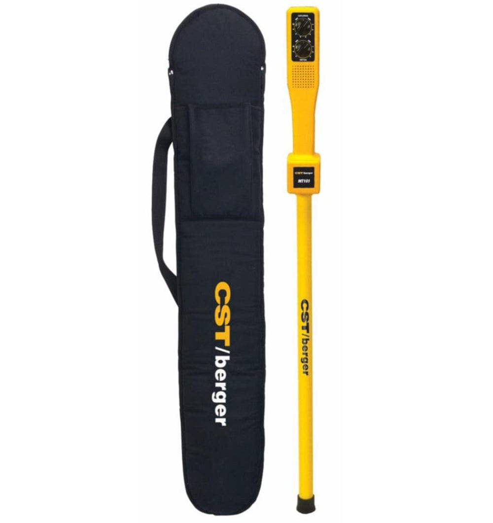 CST Berger MT101 magnetic locator shown alongside black soft carry case with branded lettering, used for locating buried ferrous objects in construction and surveying.