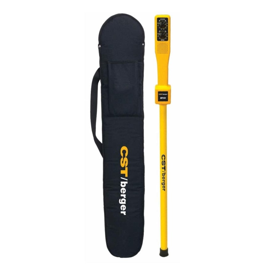 CST Berger MT101 magnetic locator shown alongside black soft carry case with branded lettering, used for locating buried ferrous objects in construction and surveying.