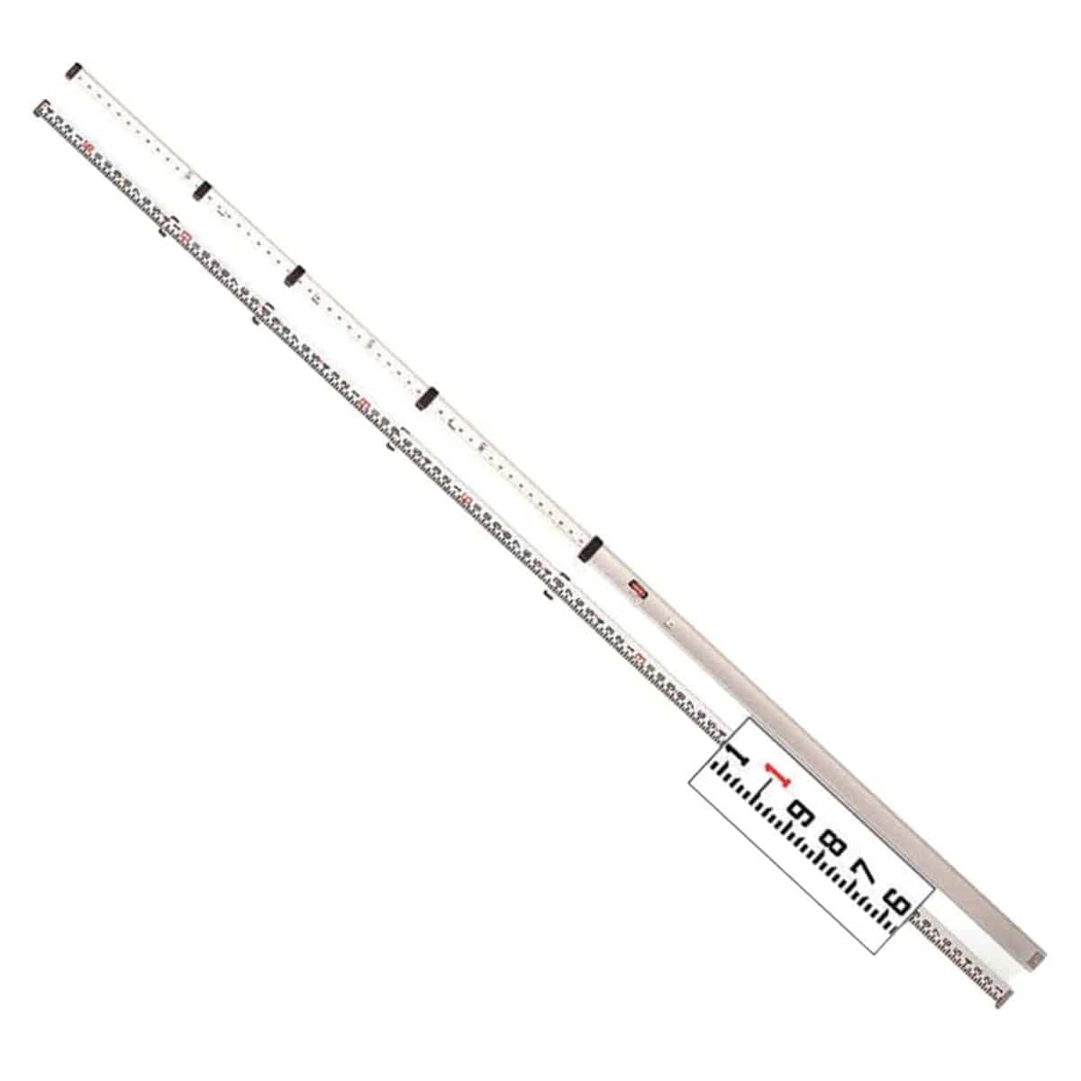 A professional CST/berger 16-foot aluminum telescoping measuring rod shown extended at an angle, displaying the dual-scale graduations on the front and back for precise surveying and height measurements.