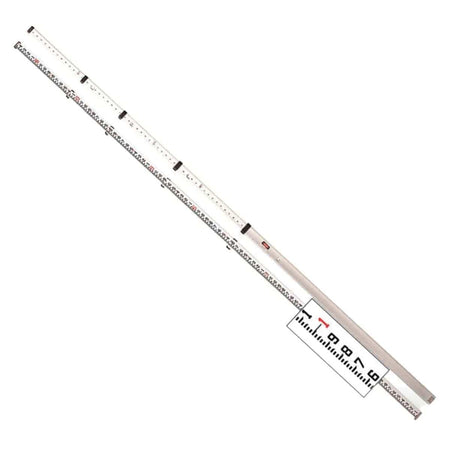 A professional CST/berger 16-foot aluminum telescoping measuring rod shown extended at an angle, displaying the dual-scale graduations on the front and back for precise surveying and height measurements.