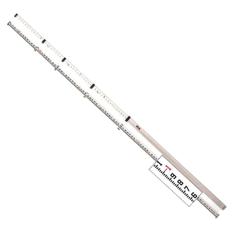 A professional CST/berger 16-foot aluminum telescoping measuring rod shown extended at an angle, displaying the dual-scale graduations on the front and back for precise surveying and height measurements.
