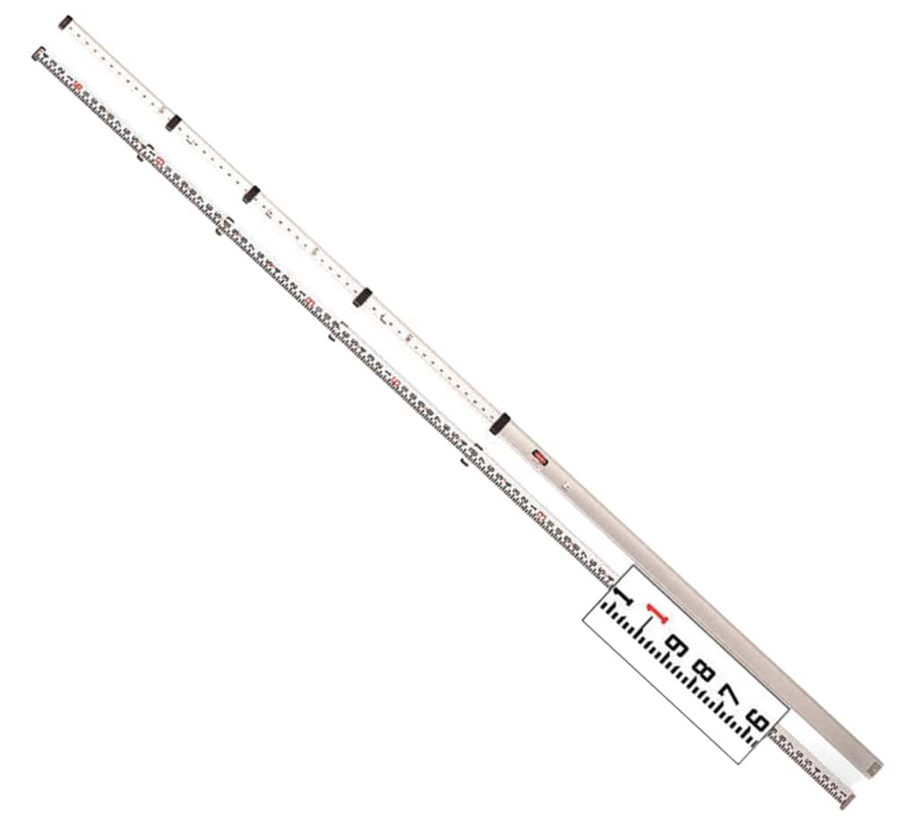 A professional CST/berger 16-foot aluminum telescoping measuring rod shown extended at an angle, displaying the dual-scale graduations on the front and back for precise surveying and height measurements.