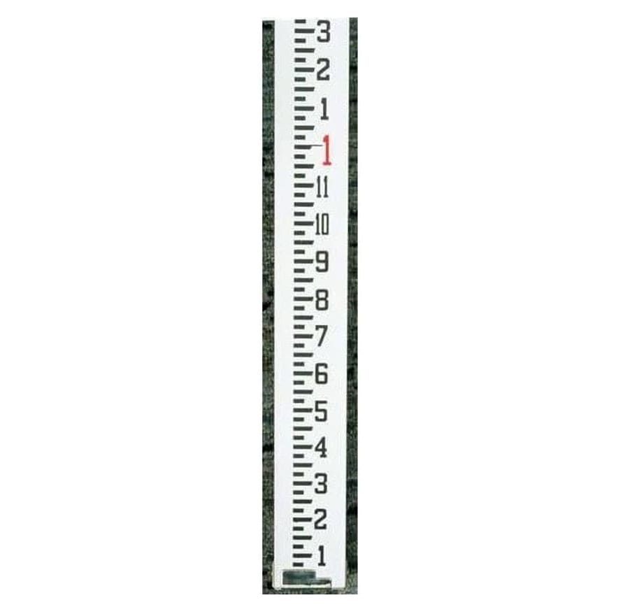 A detailed close-up of the CST/berger 06-816 measuring rod graduations in inches and tenths, highlighting the high-contrast weather-resistant markings on the surveying grade anodized alloy surface.