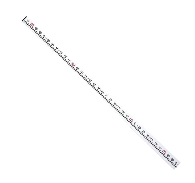 CST/berger 06-913C MeasureMark Fiberglass 13' Rod in Feet, Inches, and Eighths. The image shows a CST/Berger 06-913C MeasureMark Fiberglass 13-Foot Rod, appearing as a long, vertical measuring staff. It is primarily white with numerous black horizontal markings and numbers running down its length, indicating measurements in feet, inches, and eighths, with some red numbering interspersed.