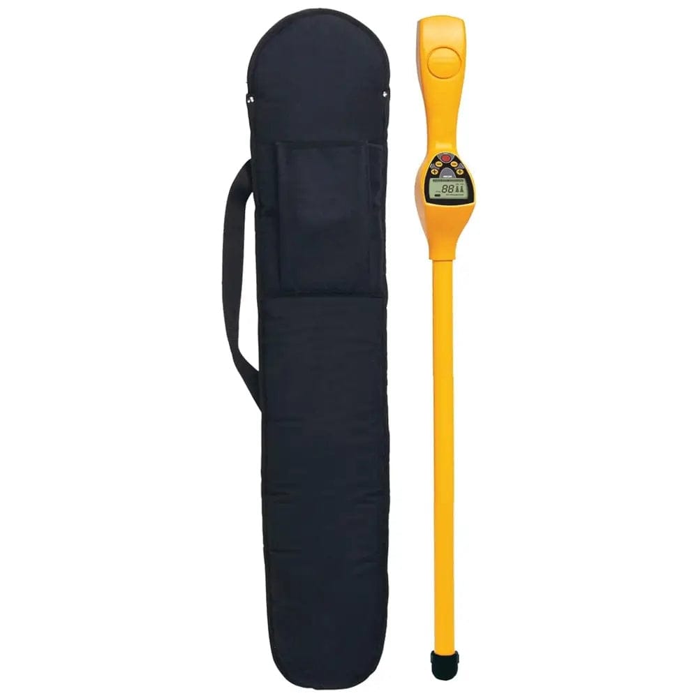 Yellow CST/berger Magna-Trak 200 magnetic locator with digital display and control buttons shown next to its padded black carrying case with handle.
