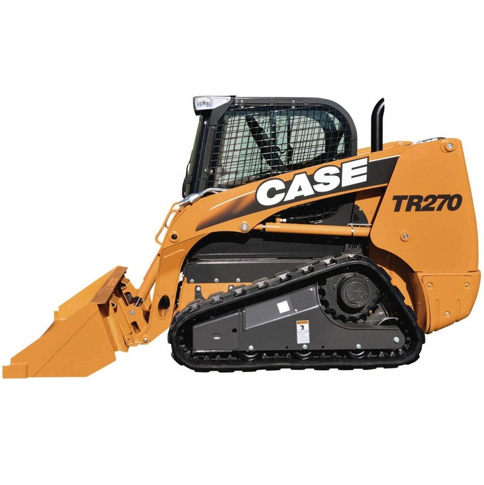 Case TR270 compact track skid steer loader shown in side profile on a jobsite, featuring rubber tracks, front-mounted bucket, protective operator cab with metal grid, and visible CASE branding and TR270 model number. Ideal for rental use in construction, grading, and material handling applications.