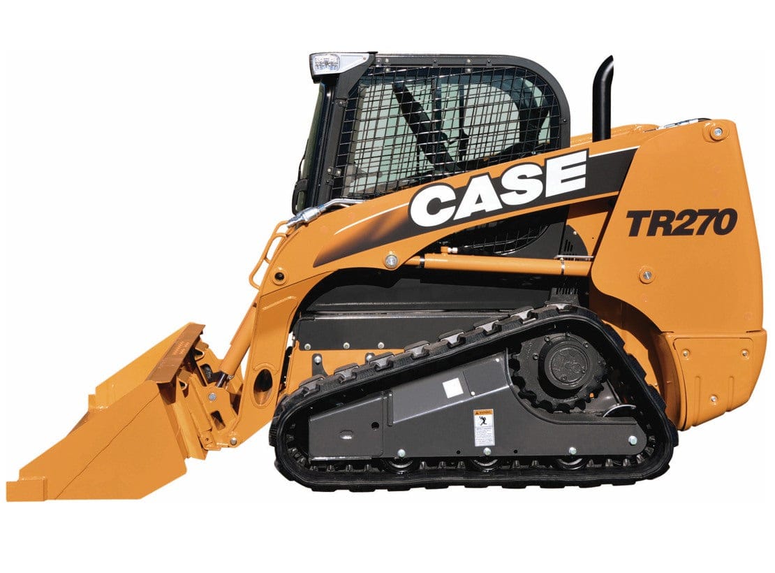 Case TR270 compact track skid steer loader shown in side profile on a jobsite, featuring rubber tracks, front-mounted bucket, protective operator cab with metal grid, and visible CASE branding and TR270 model number. Ideal for rental use in construction, grading, and material handling applications.
