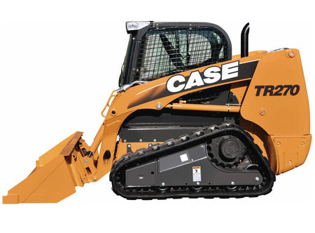 Case TR270 compact track skid steer loader shown in side profile on a jobsite, featuring rubber tracks, front-mounted bucket, protective operator cab with metal grid, and visible CASE branding and TR270 model number. Ideal for rental use in construction, grading, and material handling applications.