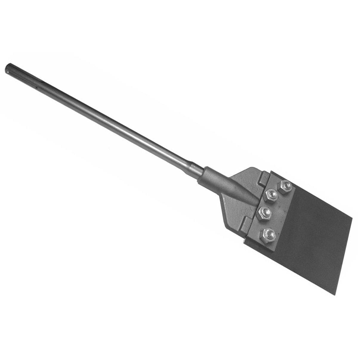 This is a horizontal image of a heavy-duty chipping or scraping tool, appearing in shades of gray. It features a long, cylindrical shaft on the left that connects to a wider, dark gray flat blade on the right, which is securely attached by three prominent nuts and bolts.