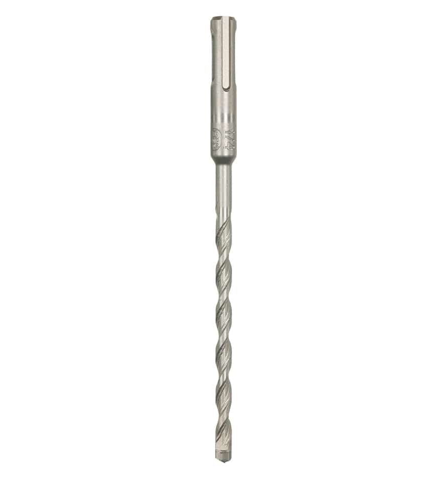 This is a vertical, close-up image of a metallic drill bit, appearing robust and designed for heavy-duty use. The upper section features a hexagonal shank for secure gripping, while the lower body has a wide, deep spiral flute leading to a pointed tip.