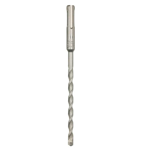 This is a close-up, vertical image of a metal drill bit. The top portion has a smooth, hexagonal shaft for fitting into a drill, while the lower, longer portion is spiraled with a pointed tip, designed for drilling into various materials.
