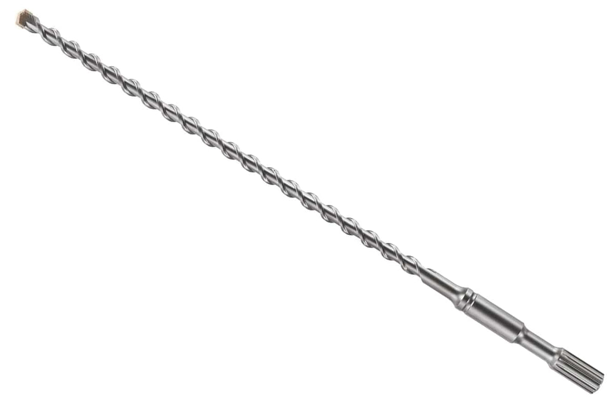 This is a image of a long, metallic gray drill bit or auger, designed for heavy-duty drilling. It features a continuous, prominent spiral flute running along most of its length, ending in a fluted, cylindrical shank on the right and a slightly wider, blunted tip on the far left.